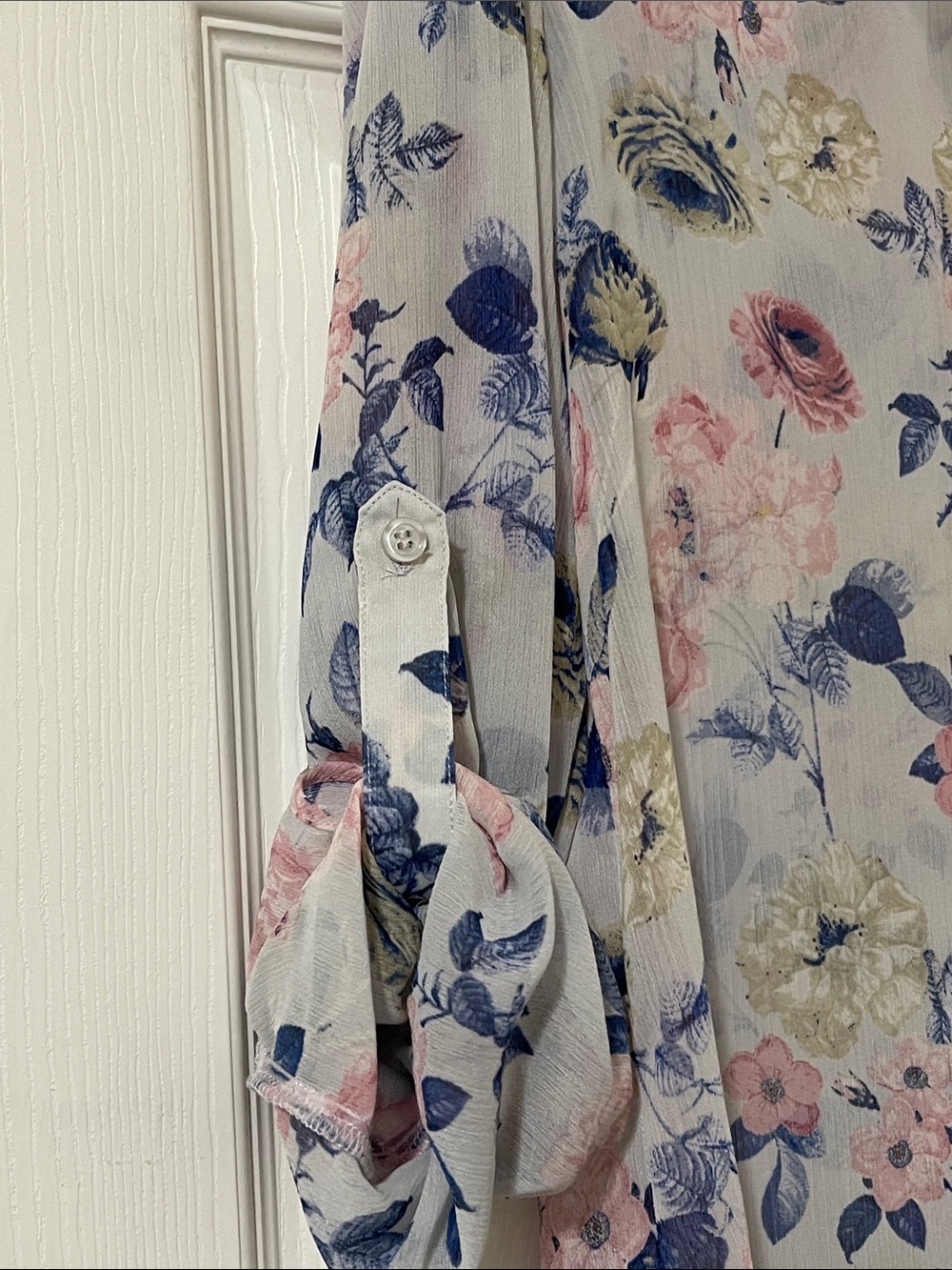Sheer Floral Button-Up Blouse - White with Pink & Blue Floral Print - Picture 5 of 7